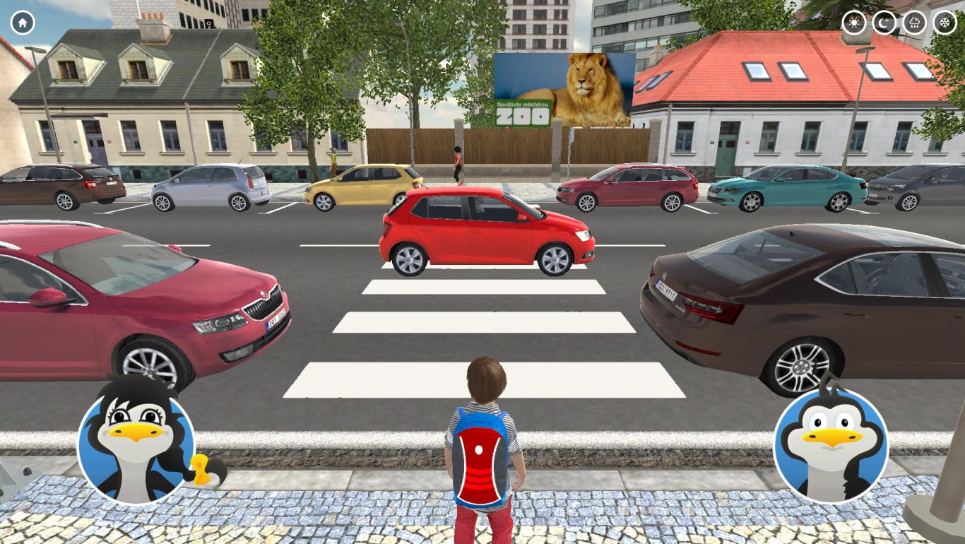 Interaktivní přecházení (3D aplikace) - přecházení mezi zaparkovanými auty Interaktivní přecházení (3D aplikace) - přecházení mezi zaparkovanými auty